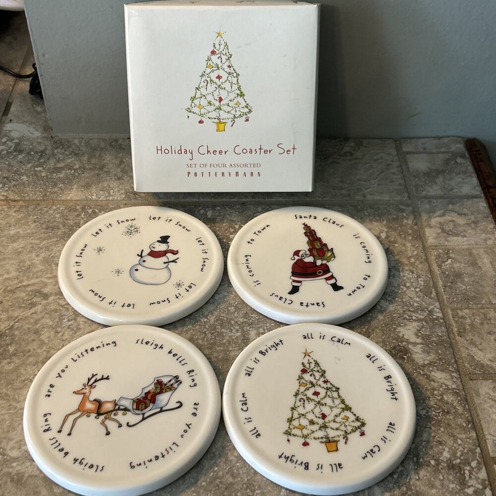 Pottery Barn Holiday Cheer Christmas Coasters Set of 4 Original Box